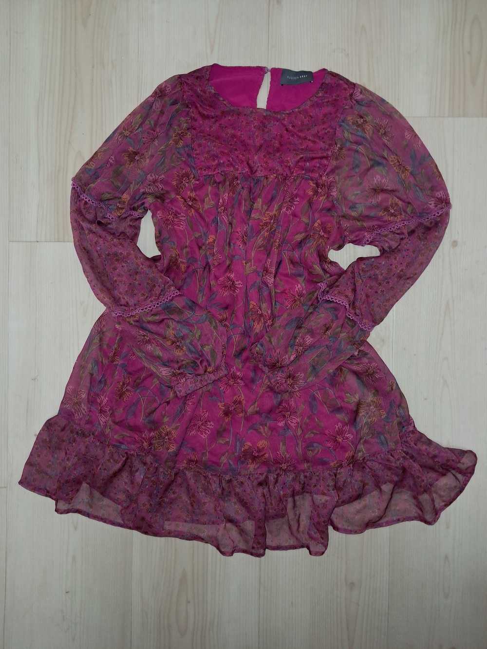 Magenta Floral Long-Sleeve Ruffle Dress